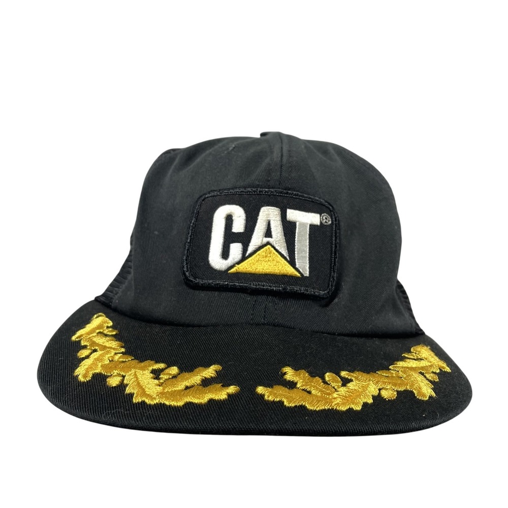 Vintage CYRK CAT Hat Cap Snap Back One Size Mens Black Leaf Brim Trucker Mesh